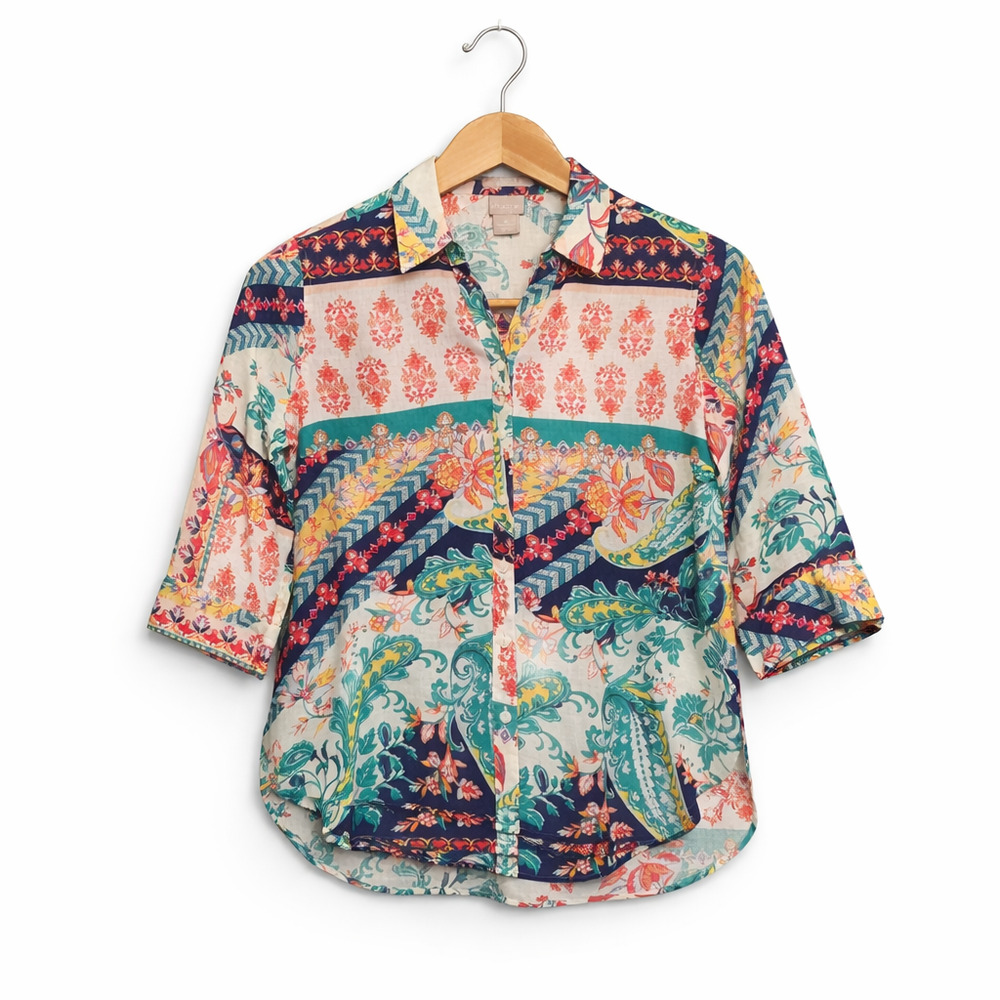 Chicos Top Womens 4/6 Small Multicolor Paisley Print 100% Linen Button Up Boho